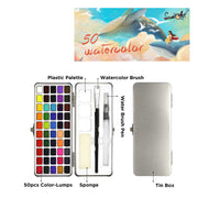 Set aus 50 Premium-Aquarellfarben - mit Pinseln und Metallbox